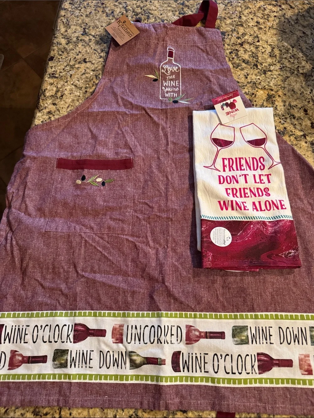 Wine-Themed Burgundy Kitchen Apron and Towel Set